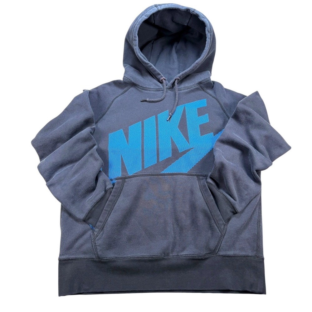 Nike AW77 Hoodie Mens M Black Blue Big Logo Swoosh Fleece Pullover 717289-010